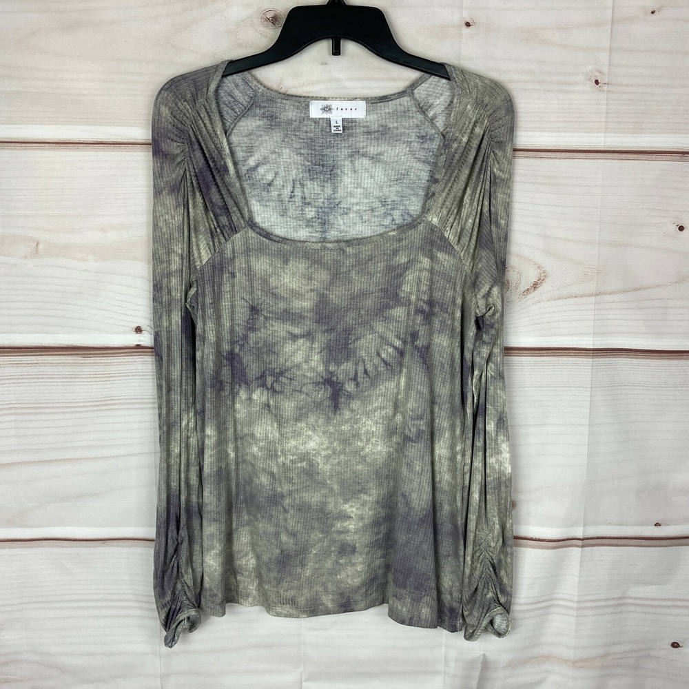 Fever Top Wmens L Green Tie-Dyed Square Neck T-Shirt Ribbed Knit Long Sleeve